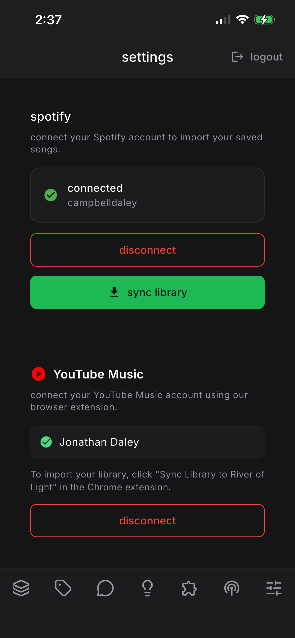 Spotify and YouTube Music integration settings